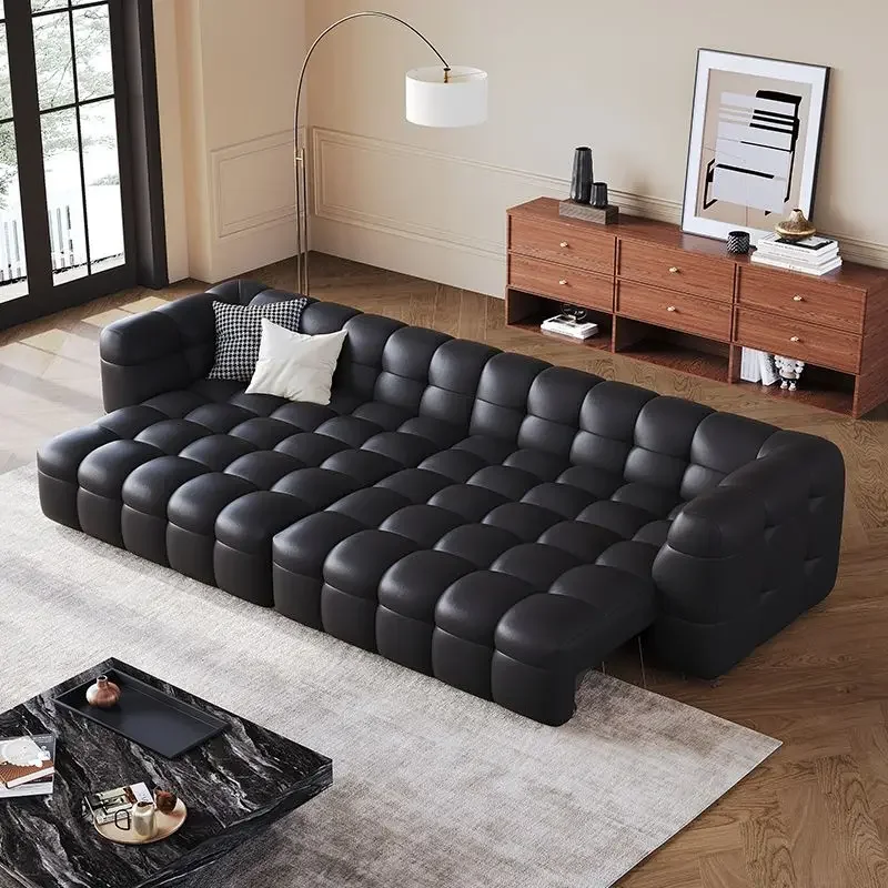 Medieval style electric function marshmallow leather sofa bed, Italian minimalist living room straight row, black three-person