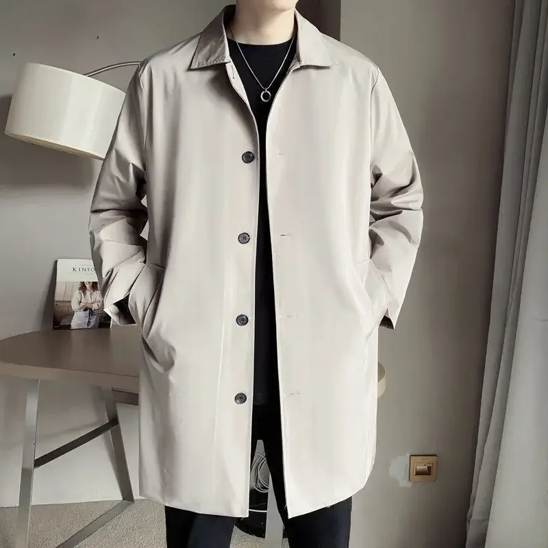 Spring Autumn Men's Fashion Trench Lapel Single-Breasted Medium-Length Jacket Casual Youthful Korean Style Long Outerwear Coats