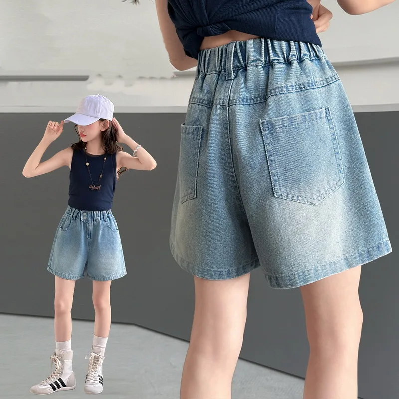 New Design Kids Stylish Blue Denim Shorts with Two Buttons for Girl Fashion Street Mini Jeans Summer Bottoms Child Short Pants