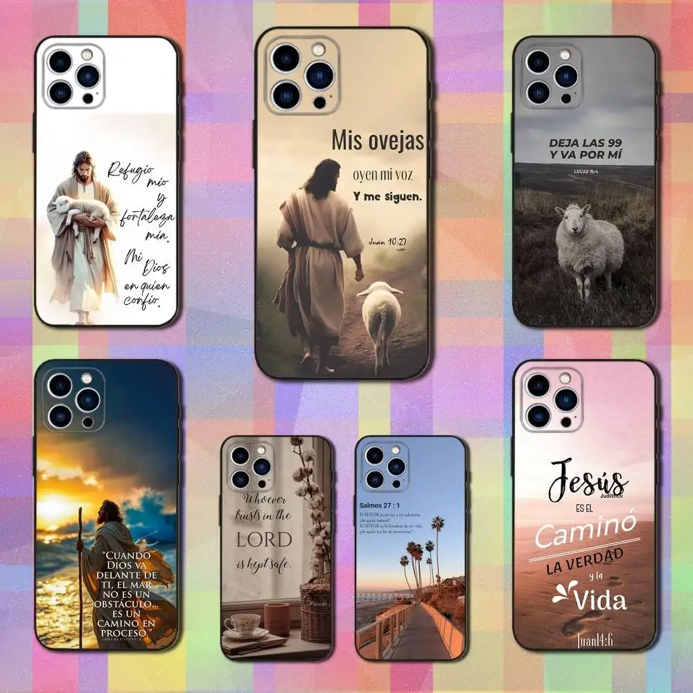

Jesus Bible Verse Spanish Phone Case For iPhone 16,15,14,13,12,11 Plus,Pro Max,XS,X,XR,SE,Mini,8,7,Soft Silicone Black Cover