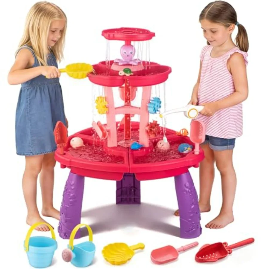 Outdoor 3-tier water table with fishing game set for toddlers ages 4-8, made of durable plastic, blue and yellow, includes sens
