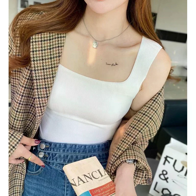 Nuova canotta a spalla larga con collo quadrato, bellissimo gilet filettato sul retro, top casual solidi a coppa fissa senza cuciture da donna