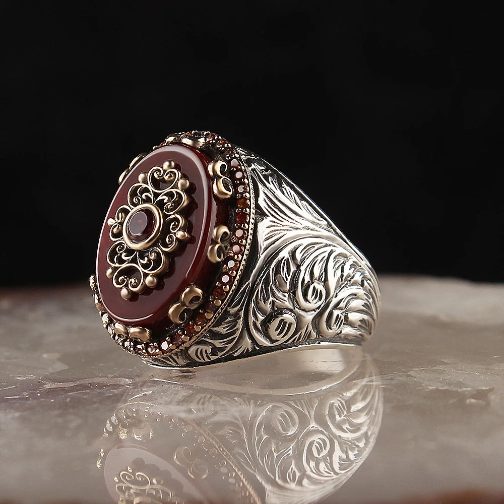 

Agate Stone Pen İşçilikli 925 Sterling Mens Silver Ring