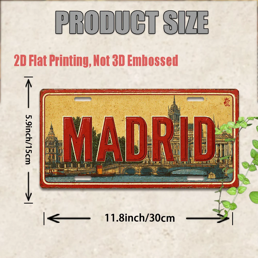 2D Flat, 2D Flat Printing, 1pc, Vintage Metal Sign, Only for decoration, Outdoor Wall Art (29.97cm * 14.99cm), MADRID Aluminum S