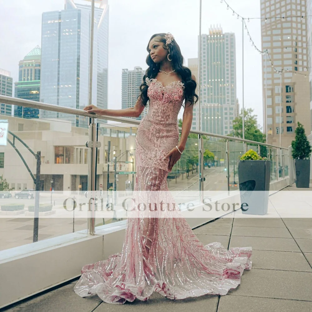 Customized Pink Sequined Prom Dresses 2025 For Women Crystal Formal Evening Party Gala Birthday Gown Customized