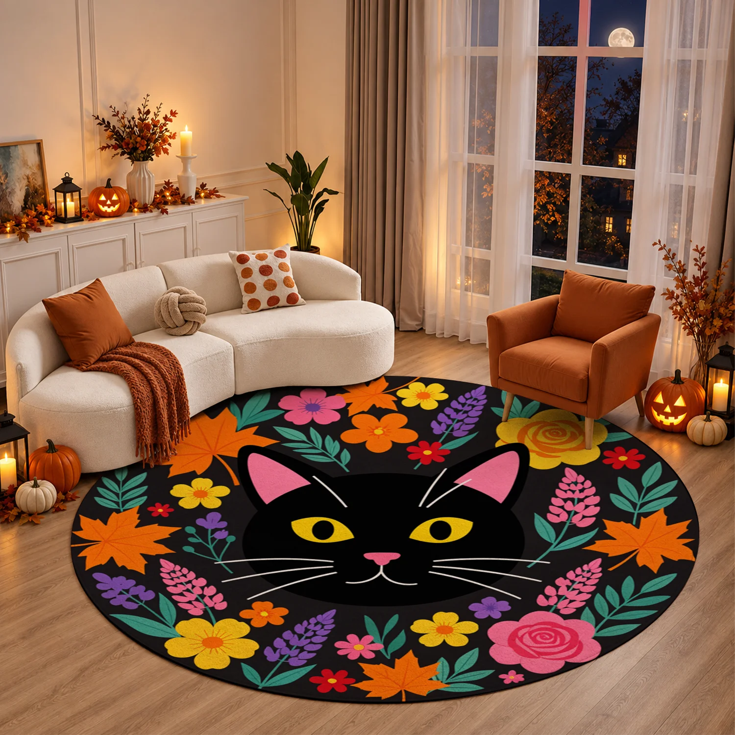 Black Cat Autumn Floral Pattern Round Velvet Rug, Machine Washable, Stable Placement, Ideal for Living Room, Bedroom, Entryway, Dining Area, Halloween Thanksgiving Christmas New Year Home Decor