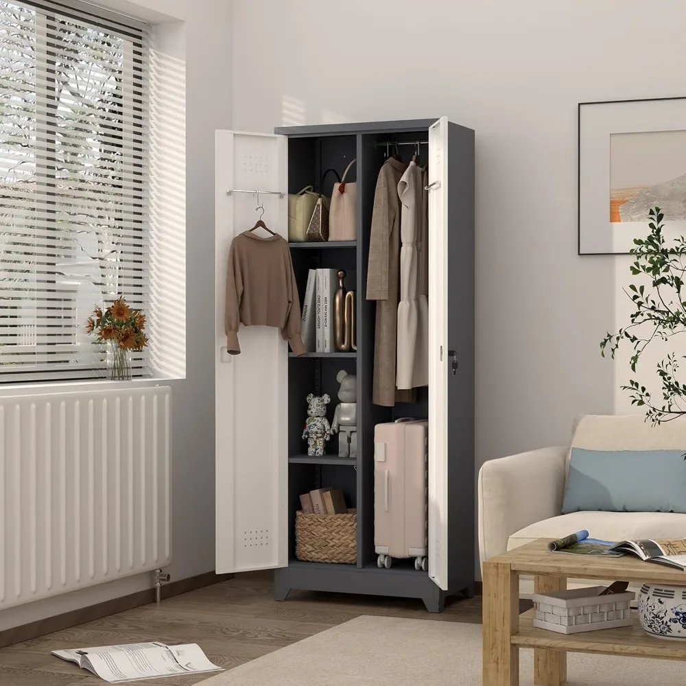 Tall Metal Cleaning Tool Storage Cabinet with Pegboard and Hanging Rod for Broom Closet Organization