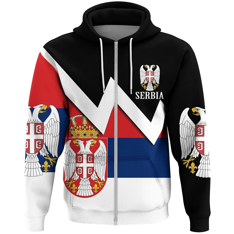 Fashion Casual Serbia Flag Pattern Everyday Mens Hoodies Long Sleeve Serbian National Emblem All Over Print Zip Hoodie Pullovers