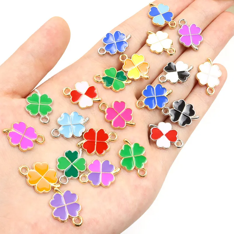 Lucky Four Leaf Clover Charms Silver Color Enamel Pendant DIY Making Necklace Earring Handmade Finding Jewelry Craft Accessories