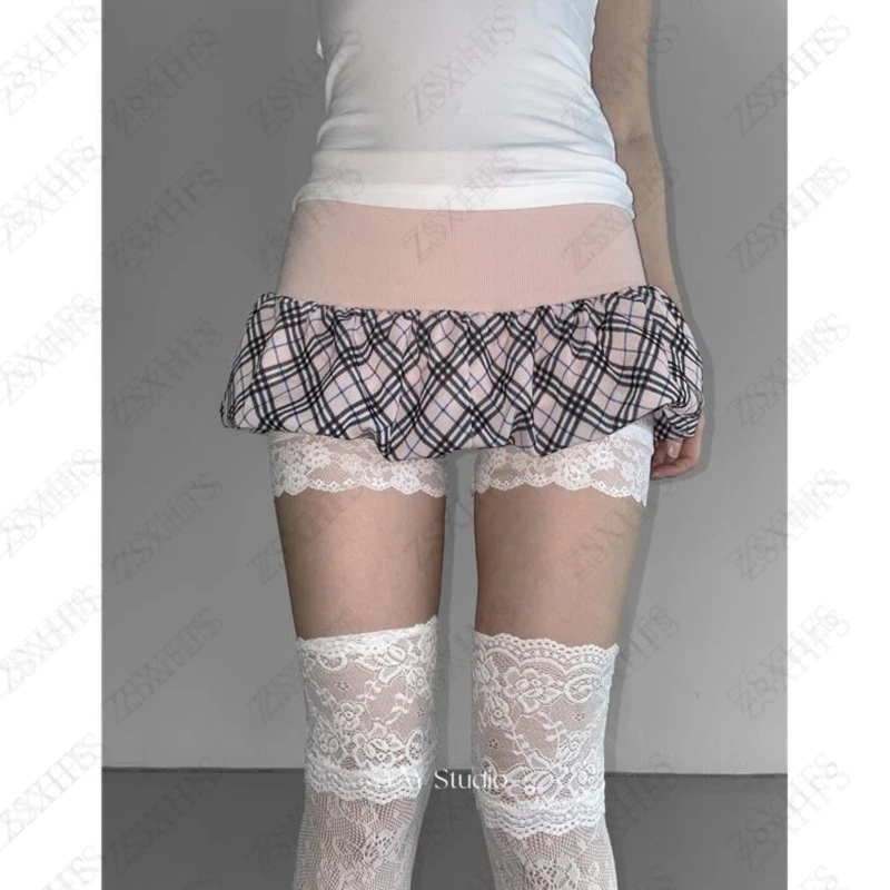 Sweet Girl Pink Plaid Skirts Women Kawaii Clothing Trendy Grid Lace Mini Skirt Femme Cuteore Streetwear Harajuku Aesthetic Skirt