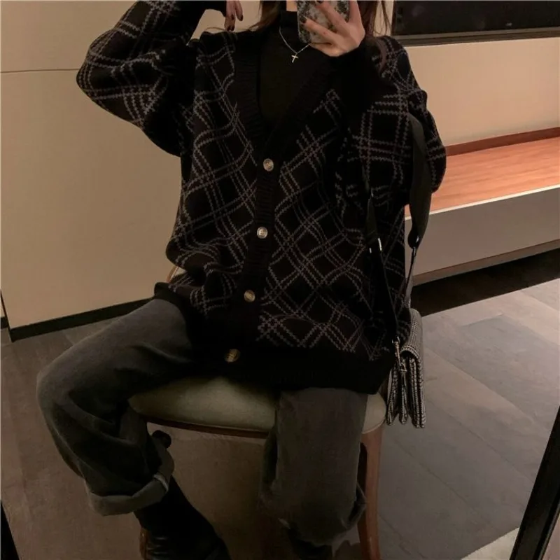 Black Cardigan Coats Women Vintage Loose Oversize Diamond M-4XL Check Knitted V-neck Patchwork Fall Winter Chic Ulzzang Female