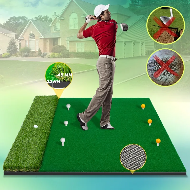 プレミアムデュアルターフゴルフヒッティングマット 5x4フィート 高密度PPターフ 屋内/屋外練習、スイング精度を向上、ポータブル耐久性