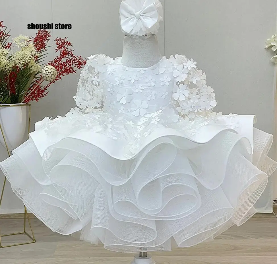 White Flower Girl Dress Short Sleeve Puffy 3d Applique Baby Kids Birthday Prom Baptism Princess Ball Gown First Communion Dress