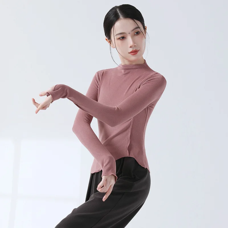 Modern Dance Practice Clothing Knitted High Neck Finger Sleeve Solid Colour Tops Traditional Chinese Clothes Women Stage Costume