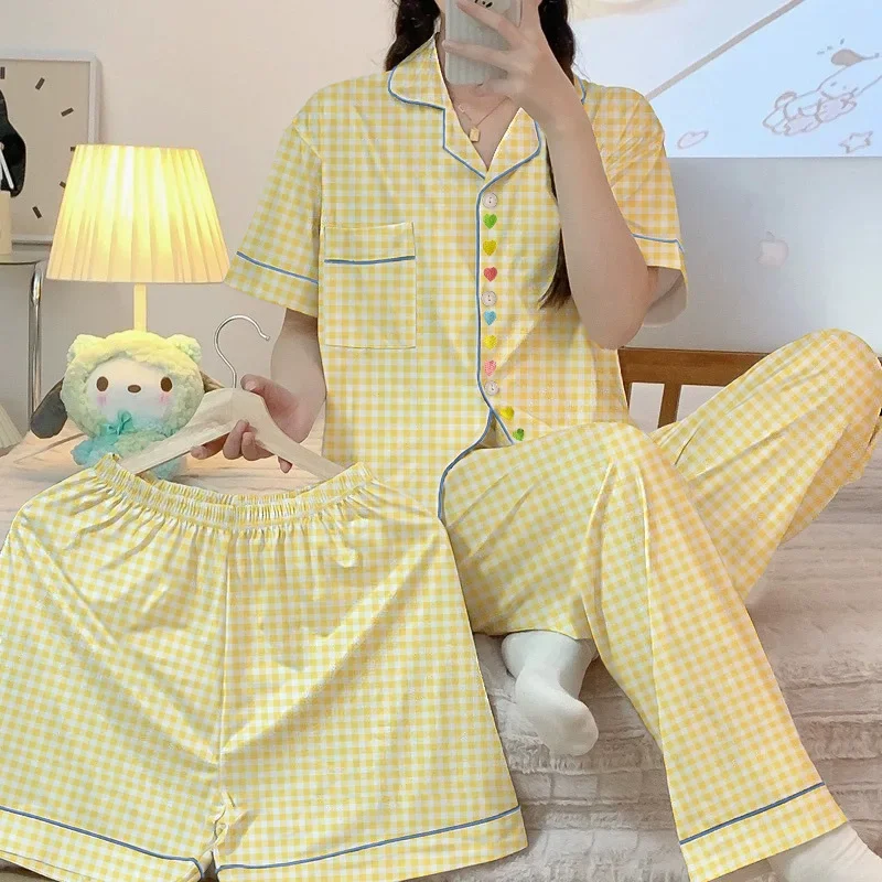 Neues Damen Frühling-Sommer Dreiteiliges Set Amerikanischer Vintage-Pyjama Mädchen Homewear Kurzarm-Oberteil Hose Shorts Damen Freizeitoutfit