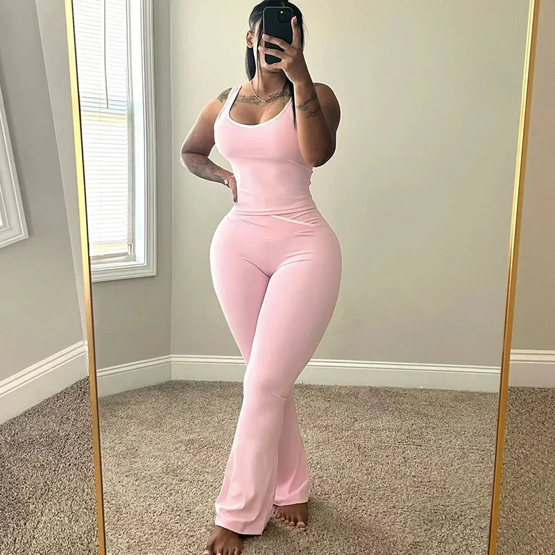 

Doyerl Striped Patchwork Two Piece Set Woman Sports Fitness Workout Sleeveless Tank Top and Flare Pants Gym Running Yoga Sets