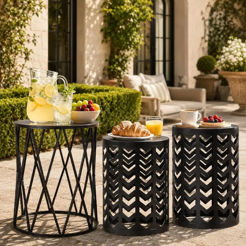 Triple Stacking Coffee Tables, Living Room Nesting Side Tables, Outdoor Garden Stool, Heavy Duty Industrial Decor - Black