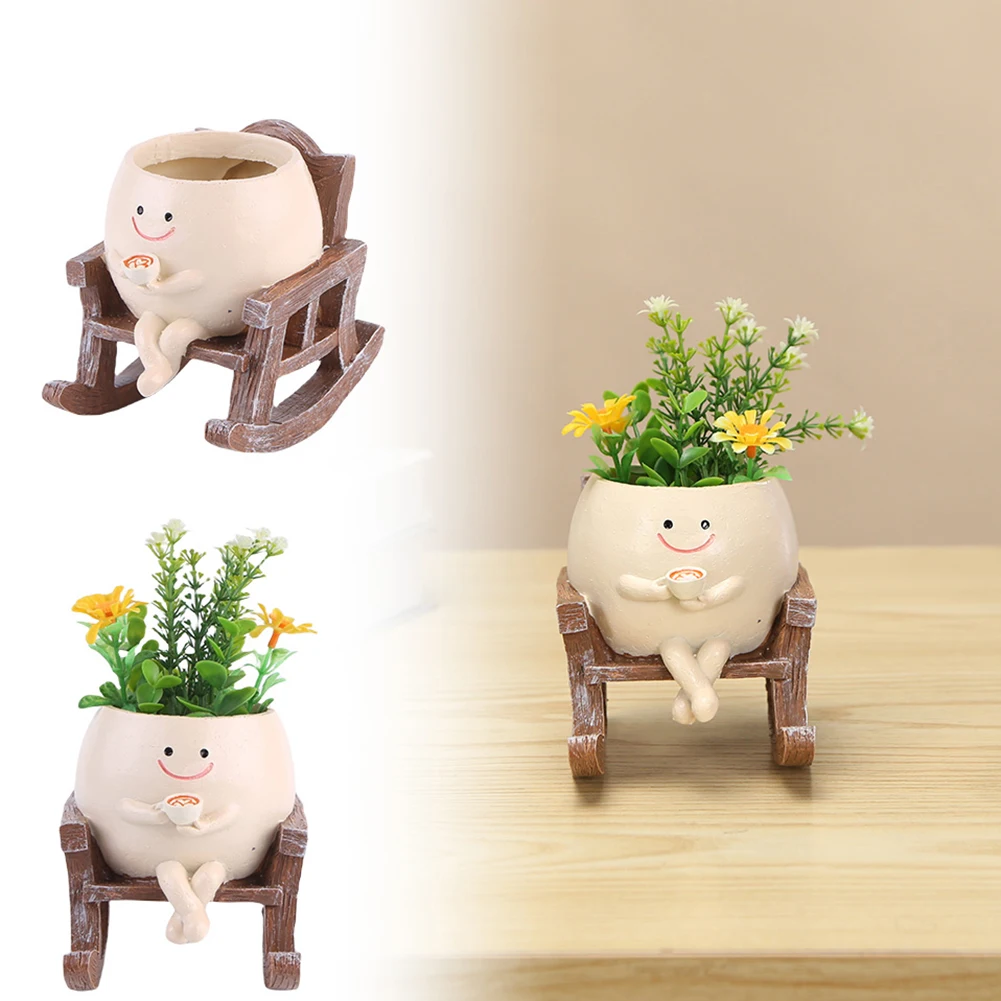 Creative Rocking Chair/Swing Face Planter Pot Flower Pot Cute Resin Head Planters Home Garden Supplies for Indoor Outdoor Plants