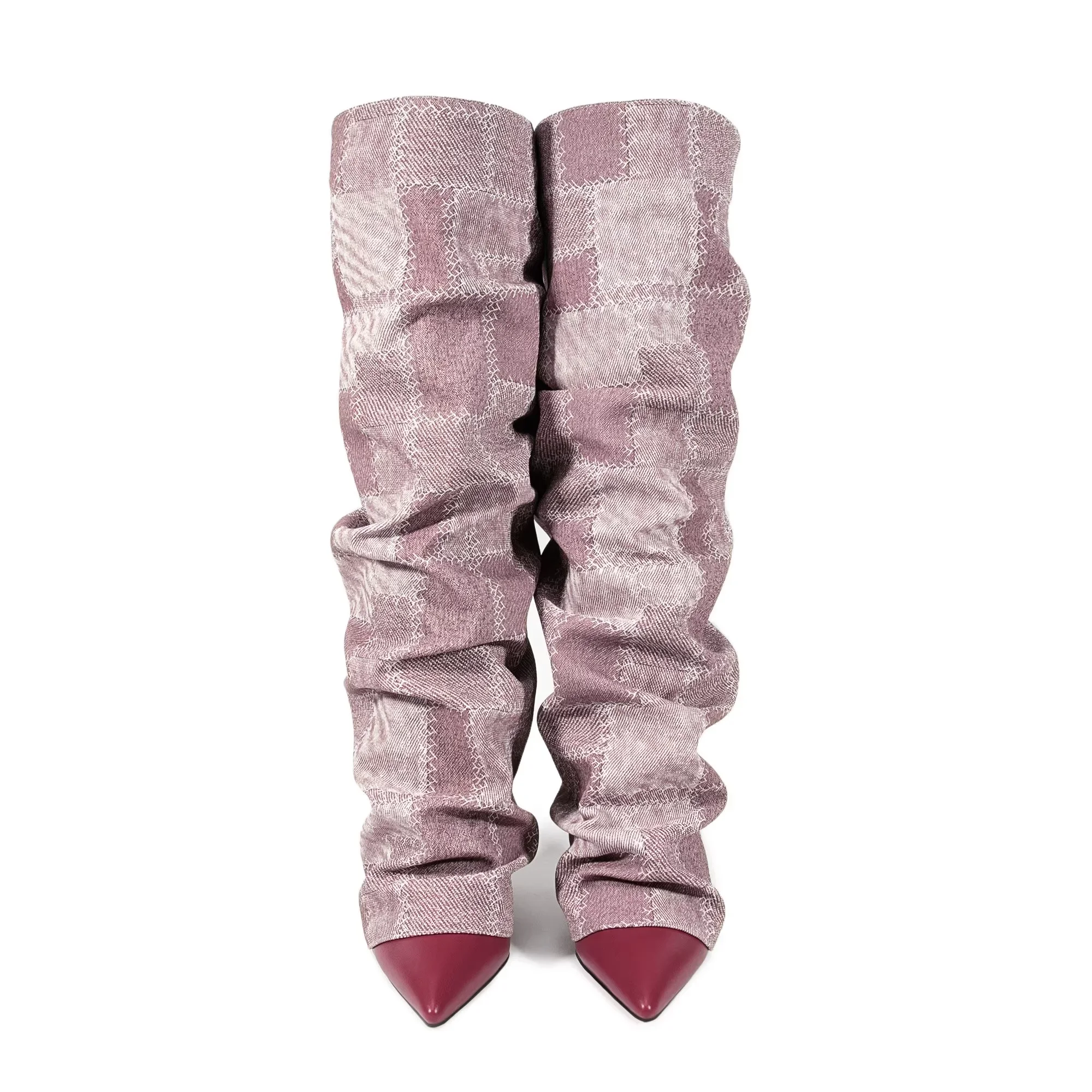 

Модные розовые сапоги до колена с острым носком в клетку, женские сапоги на шпильке в стиле ретро с текстурированным дизайном ткани