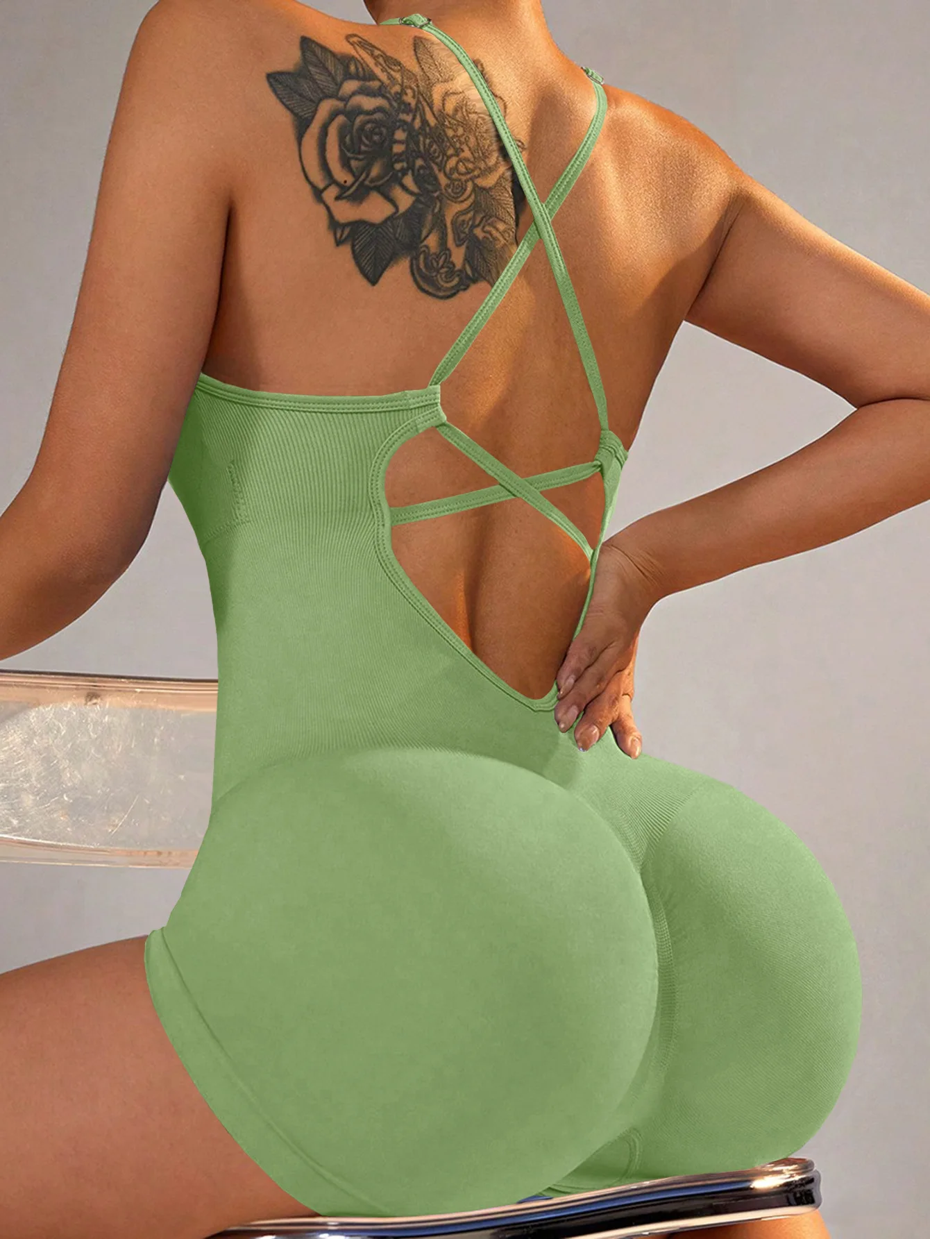 One Piece Sexy Backless Scrunch Sporty Tight Jumpsuit Raises Butt Playsuit Women Romper Summer Gym Fitness Yoga Clothes Short