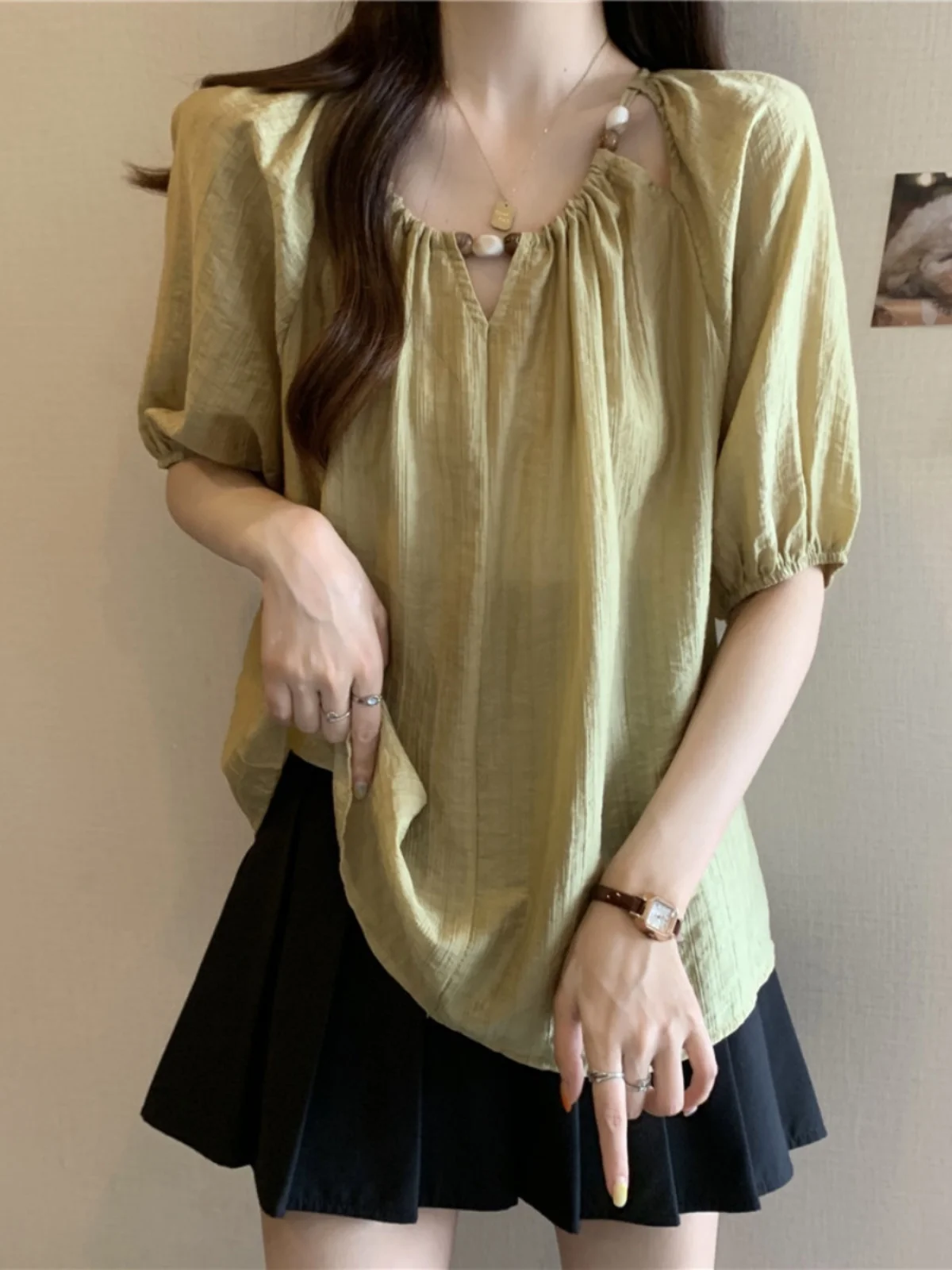 

Loose Short Sleeve Hollow out Bubble Sleeve Women's Summer Shirt plus Size Frock for Plump Women Design Sense Casual Wear