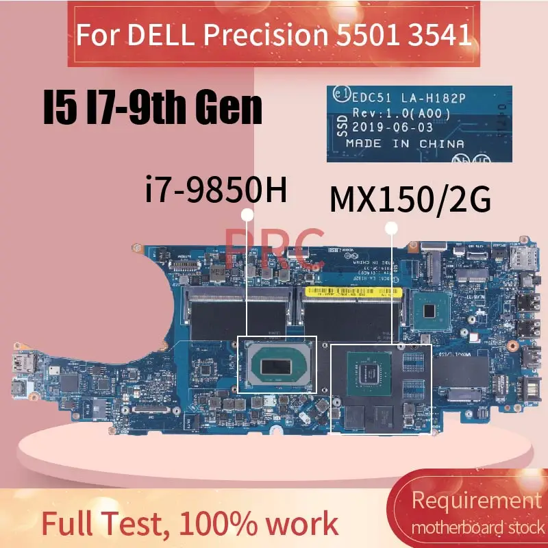 I5 I7-9th Gen For DELL Precision 5501 3541 Laptop Motherboard  LA-H182P GPU MX150/P620 CN-0WH66R 0WH66R Notebook Mainboard EDC51