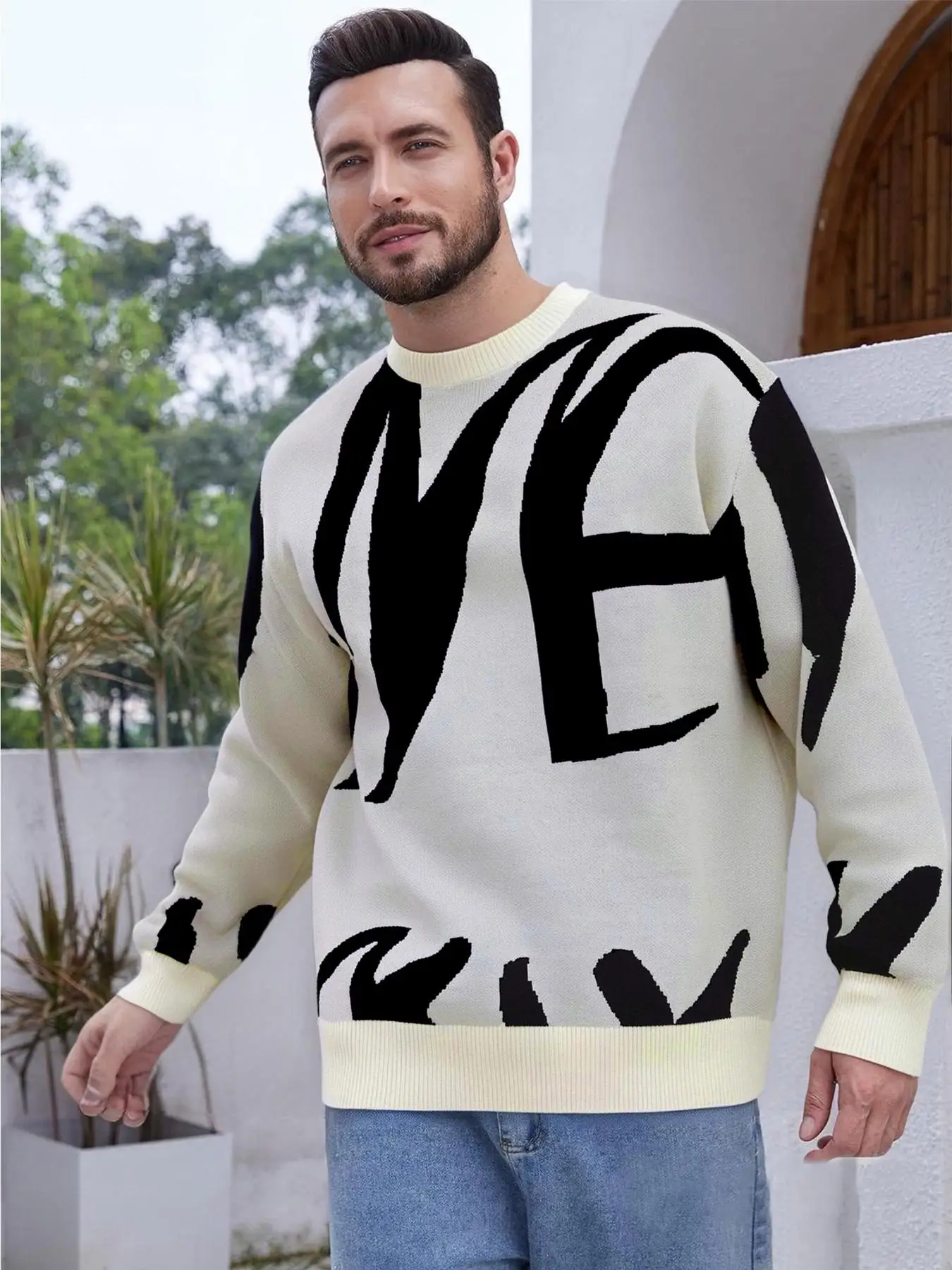 

Мужская одежда Повседневный свитер Стильный свитер с круглым вырезом и длинными рукавами Свободный крой Трикотаж Контрастный цветной принт на каждый день