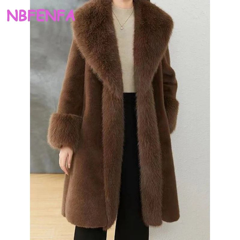 NBFENFA Faux Mink Fur Coat Mid-Length Women's Plush Coat Turndown Collar Winter 2024 New Black Mink Fur