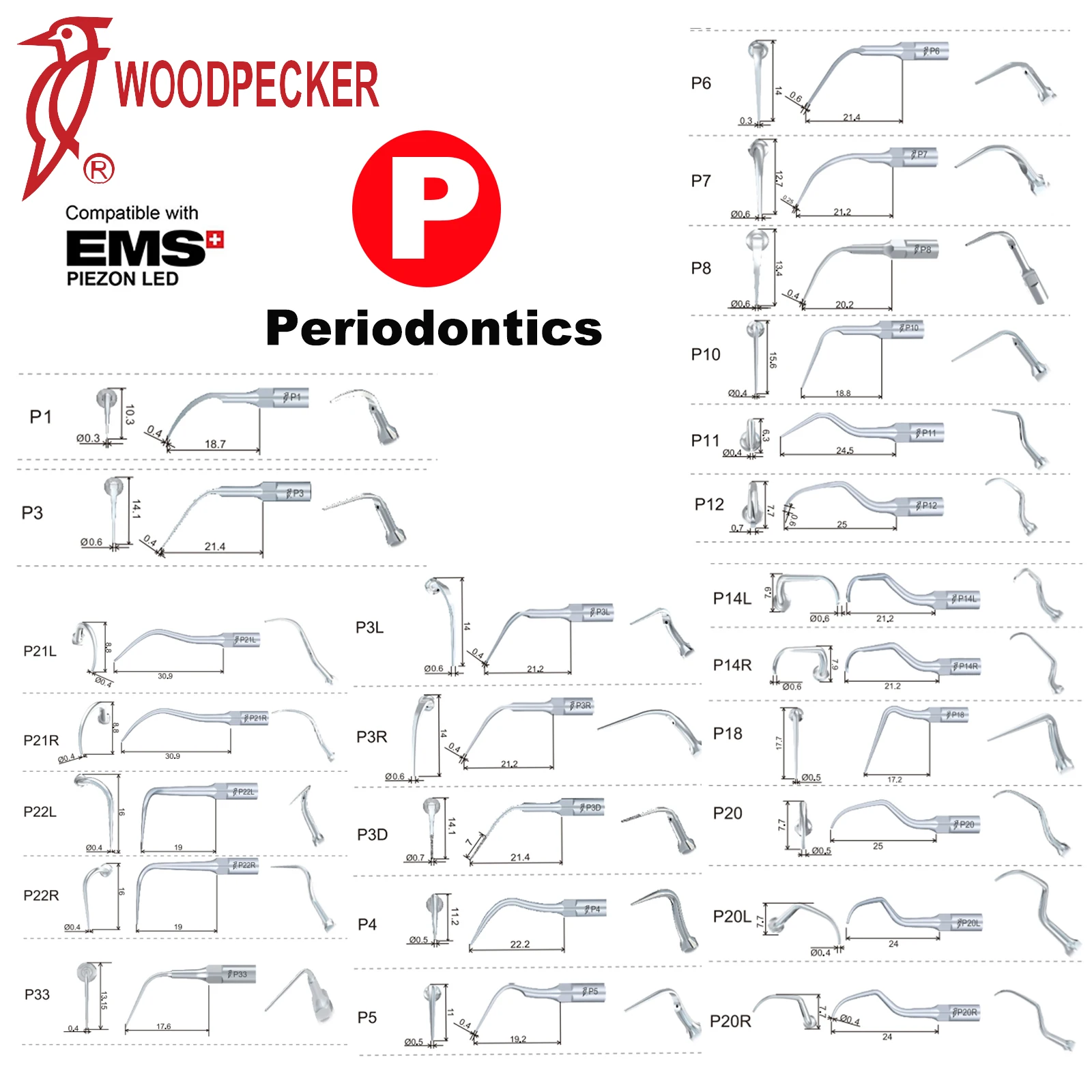 Woodpecker Dental Ultrasonic Scaler Tips Tooth Cleaning Machine Cutter Head Endo/Perio/Scaling Tips Fit EMS UDS Scaler