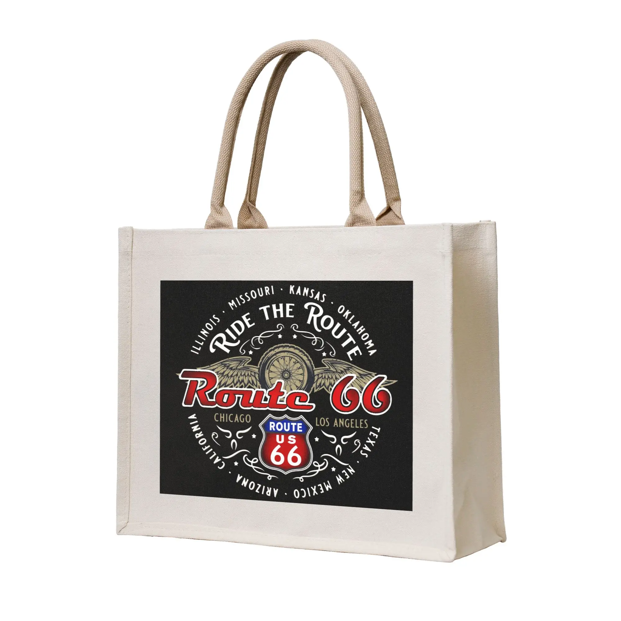 Kawaii Ride the Route 66 Shopping Tote Bags Portable Biker Motorcycle Cruise America's Highway Grocery Shopper Shoulder Bag