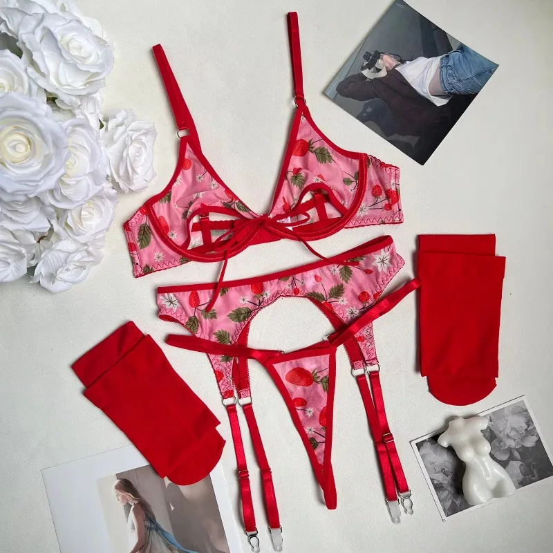 Hot Sexy Red Flower Lingerie Sets for Women Fancy Underwear Set Cut Out Bra and Thong Lace Garter Belt Stockings Erotic Costumes - Image 6