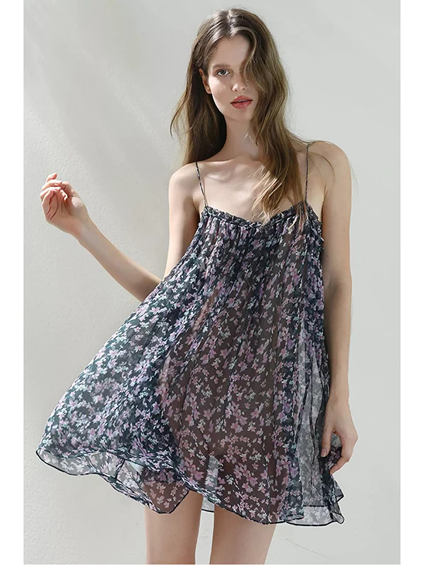 قميص نوم صيفي بنقشة زهور منعشة، ملابس نوم مقاس كبير، فستان منزلي خفيف الوزن ومريح بدون ظهر للنساء ذوات المقاسات الكبيرة