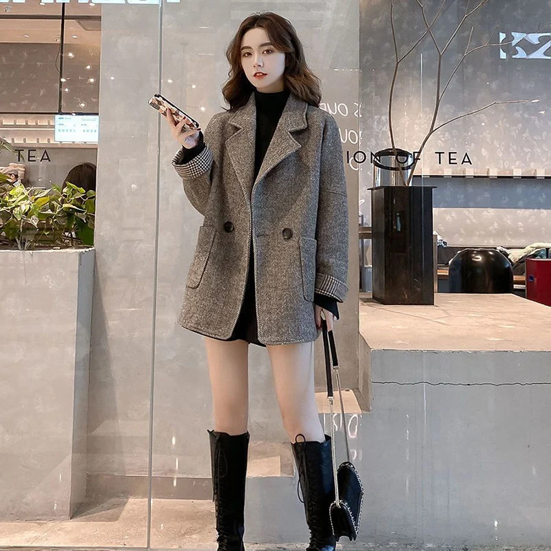 Woolen Suit Coat Women Korean Loose Thin Autumn Winter Casual Jacket Solid Single Button Tweed Top O Neck Office Lady Blazer