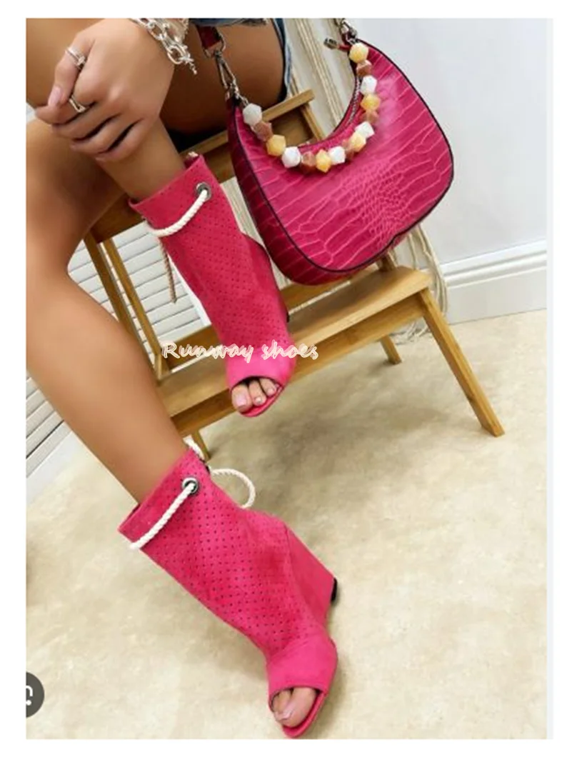 Round Head Open Toes Green Suede Small Hole Breathable Summer Boots Broken High Heels Broken High Heels Lace Closure Ankle Boots