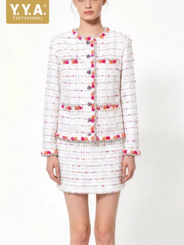 Top-Quality Women Banquet Tweed Jacket Outfits O-Neck Single Breasted Jackets Skirt Matching Set Office Ladies Above-Knee Skirts