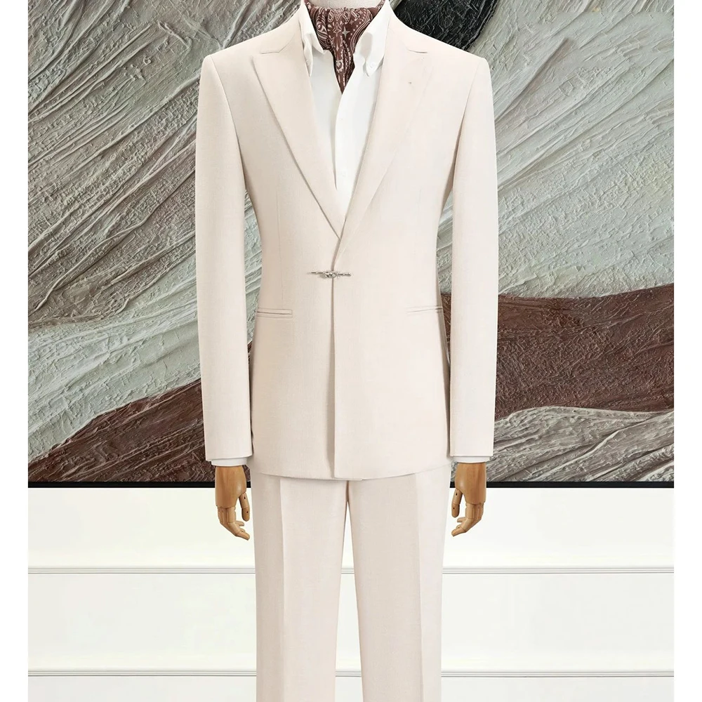 

Simple Peak Lapel Beige Men's Blazer&Pants 2 Piece Set Single-Breasted Slim Fit Office Casual Widding Male Clothing Outfits