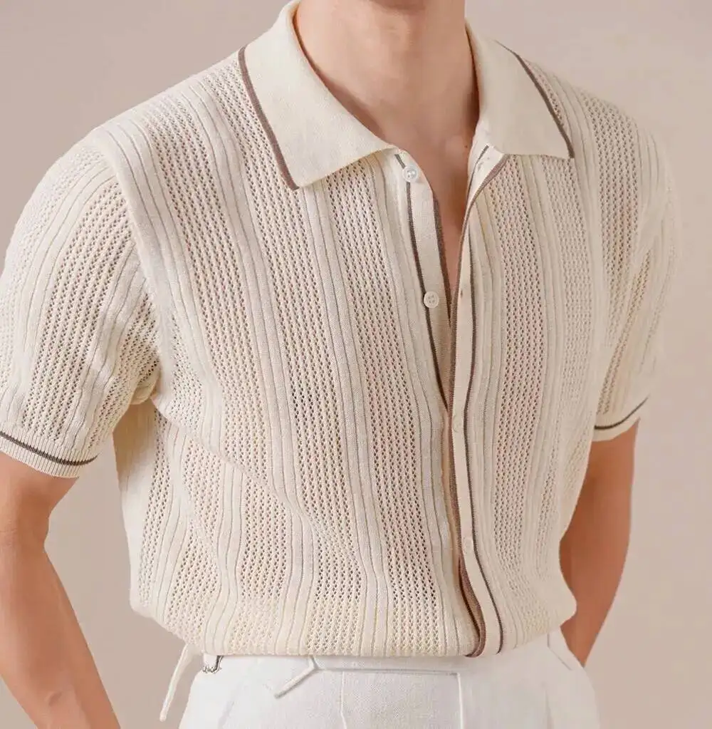 High Quality Linen Cotton SHort Sleeve Men's Knit Polo shirt  Gentleman  Hollow Out Lapel  Italian  Mannen Polo