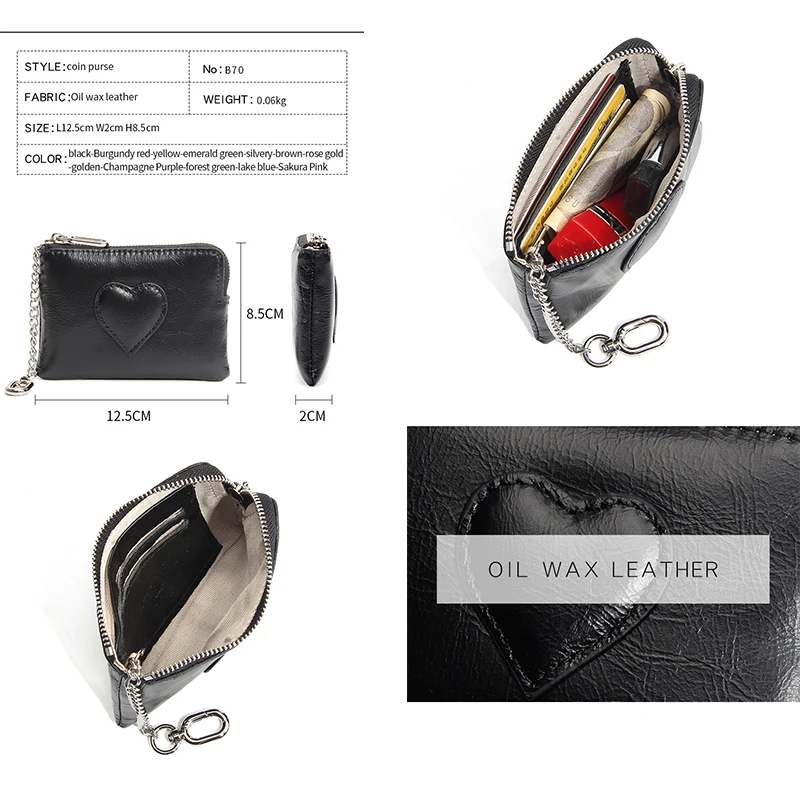 Vintage Oil Wax Genuine Leather Women's Coin Purse, Heart-shaped Keychain Wallet, Mini Zipper Change Pouch for Women Fashion