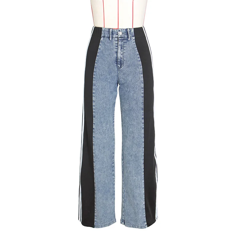 

Stigende High Waist Stretch Denim Pants Women Sideseam Striped Wide Leg Jeans Patchwork Color Block Straight Trouser