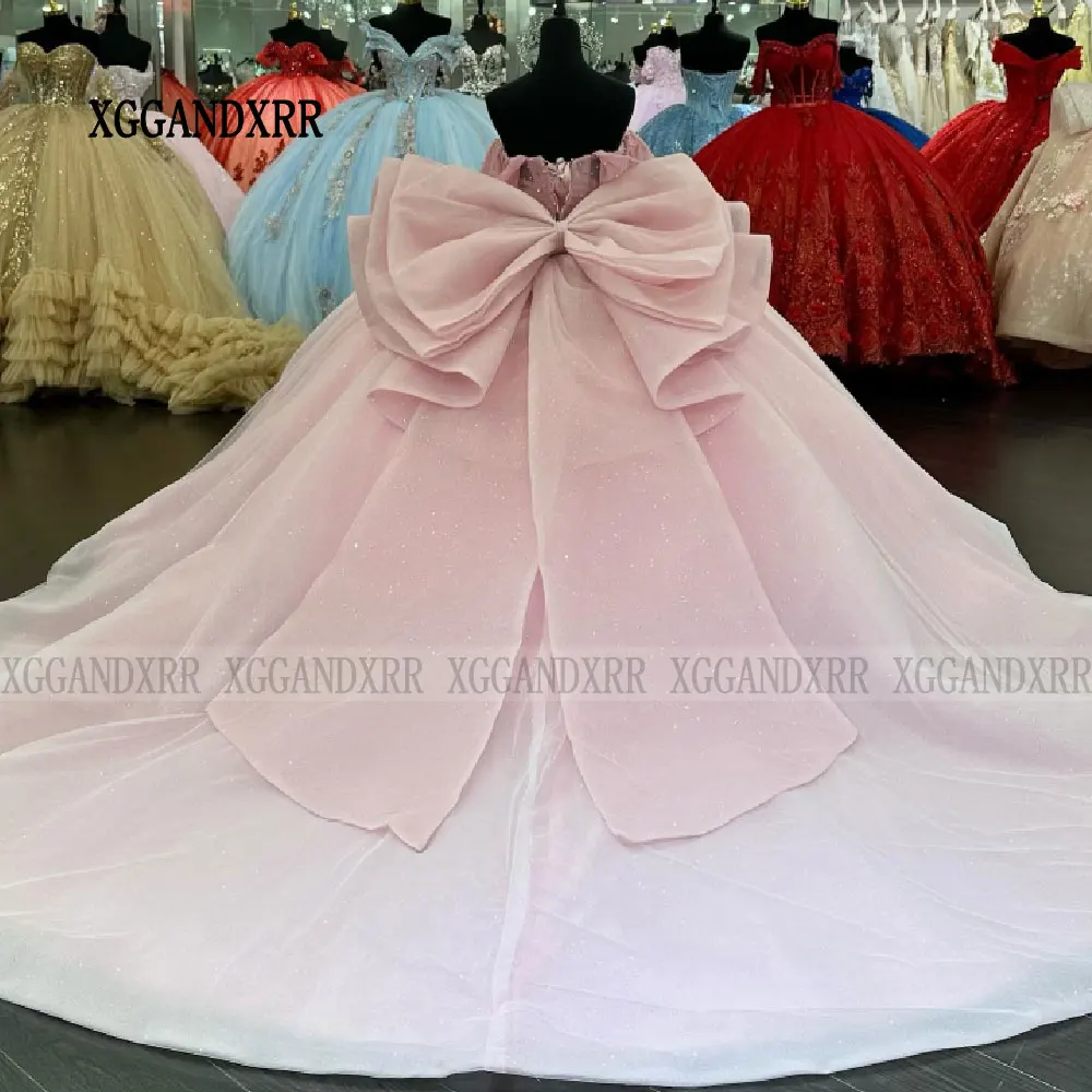 Lovely Pink Off Shoulder Ball Gown Quinceanera Dresses Beading Bow Sweet 16 Dress Birthday Party Gown Vestido De 15 Anos Pageant