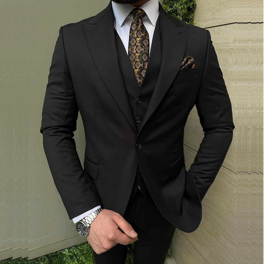 

Elegant Wedding Men's Suits 2024 Solid Color Single Button Peak Lapel Slim Fit 3 Piece Jacket Pants Vest Outfits Blazer Costume