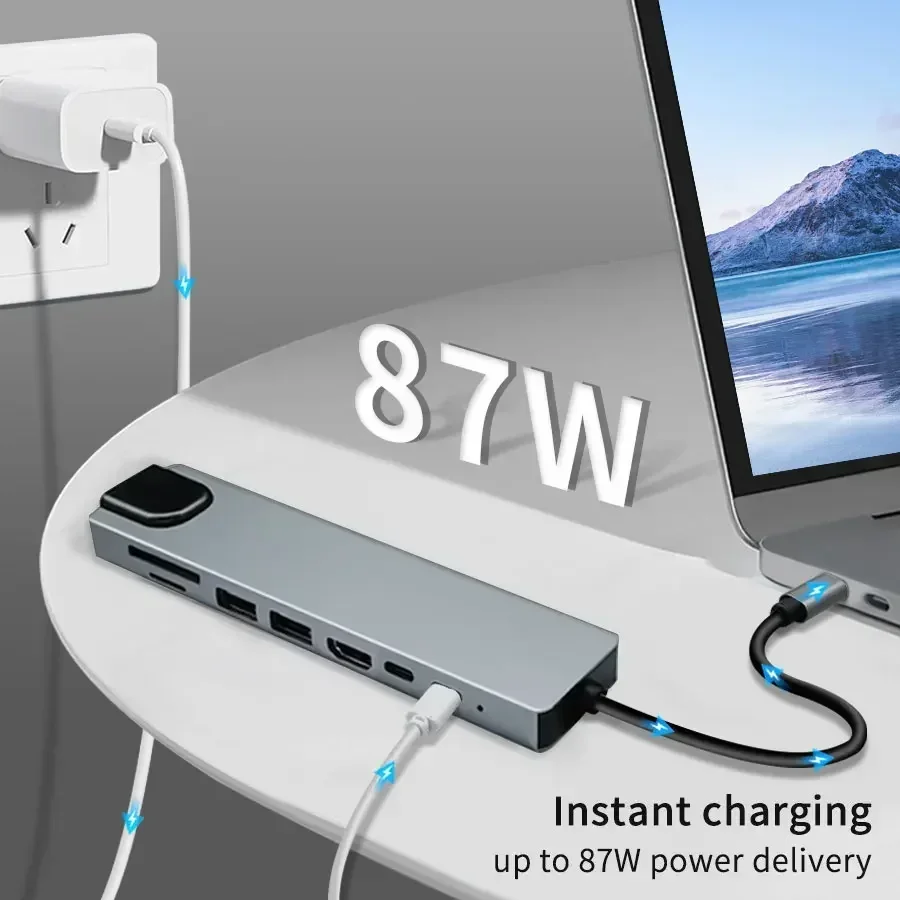 Adaptador multipuerto de concentrador USB C 8 en 1 con HDMI/4K/USB 3,0/lector de tarjetas SD/carga PD para MacBook/Windows/portátil