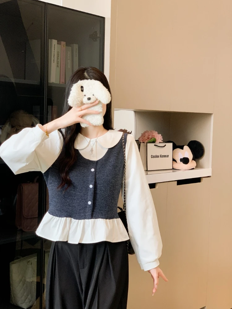 Echter Schuss Herbst Winter 2025, neue Mode, lässig, Patchwork, Kontrastfarbe, gefälschtes zweiteiliges Langarm-Shirt für Damen, elegantes Basis-Top