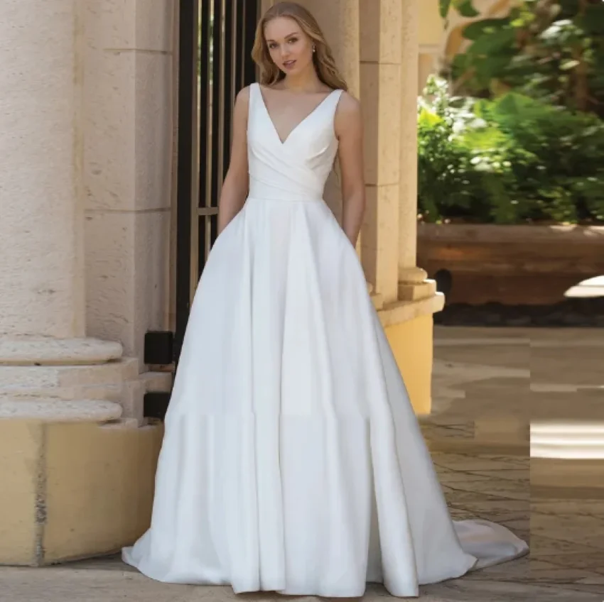 Othray V-Neck Sleeveless Backless Satin Bridal Gown Vestidos De Novia Simple A-Line Wedding Dresses With Pockets Classic