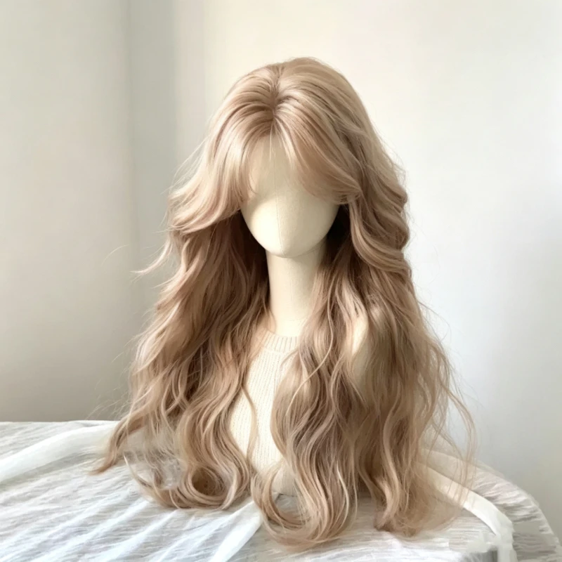 24-Inch fluffy wool curly wig, light gray brown synthetic wig with air bangs, heat-resistant fiber for everyday cosplay parties