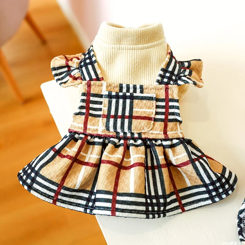 1PC pet clothing, cat spring and autumn toffee coffee plaid patchwork princess skirt suitable for small and medium-sized dogs