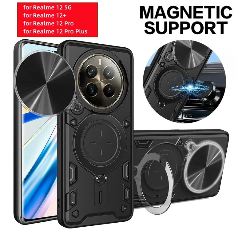 Armor Slide Camera Funda For Realme 12 Pro Case Magnetic Ring Stand Cover For Realme 12 Pro+ Plus Realme12 Realmi 12Pro 5G Coque