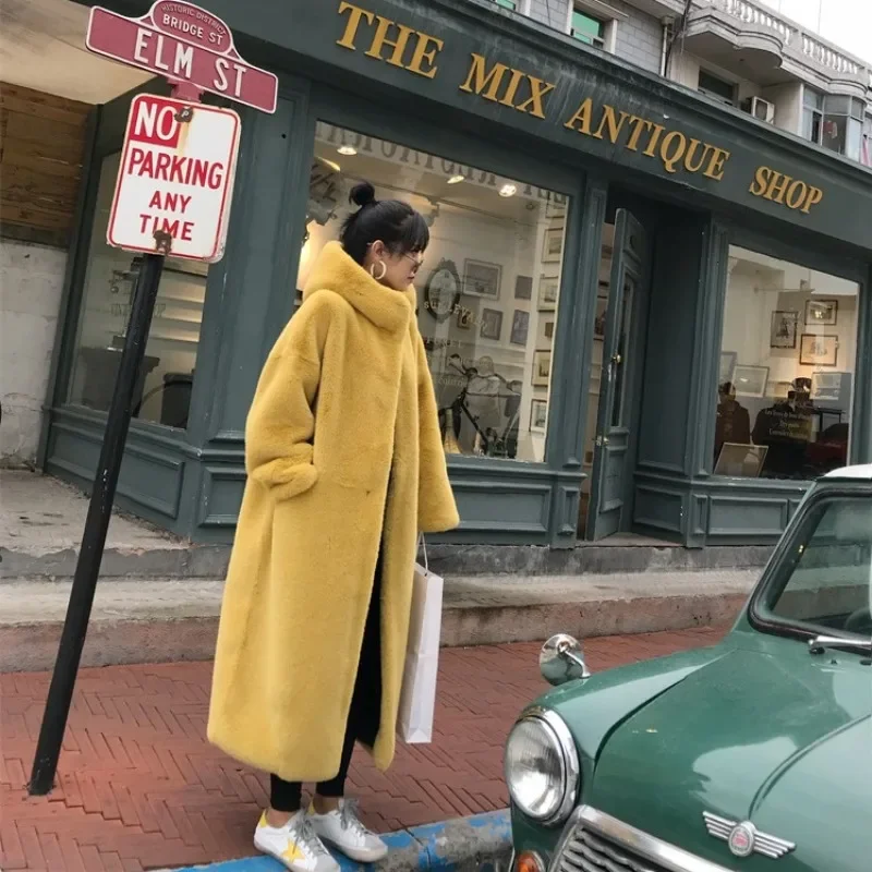 Women's Long Hooded Stand Collar Faux Fur Coat Imitation Mink Velvet Fur Thickened Loose Jacket Winter Commute Women Clothing