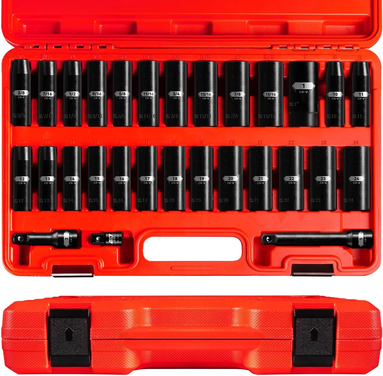 

29-Piece Deep Impact Socket Set with Extensions, SAE & Metric Sizes, Chrome Vanadium Steel for Durability