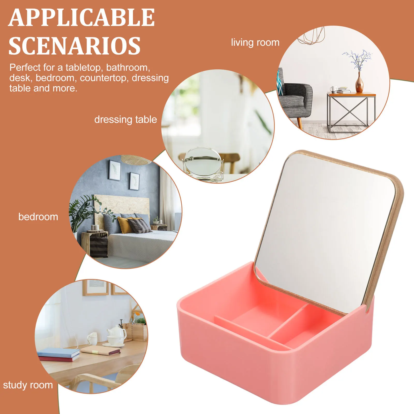 Desktop Bamboo Makeup Mirror Storage Box Clamshell Design Durable Cosmetics Holder Tabletop Mirror for Home Use Girls Gifts